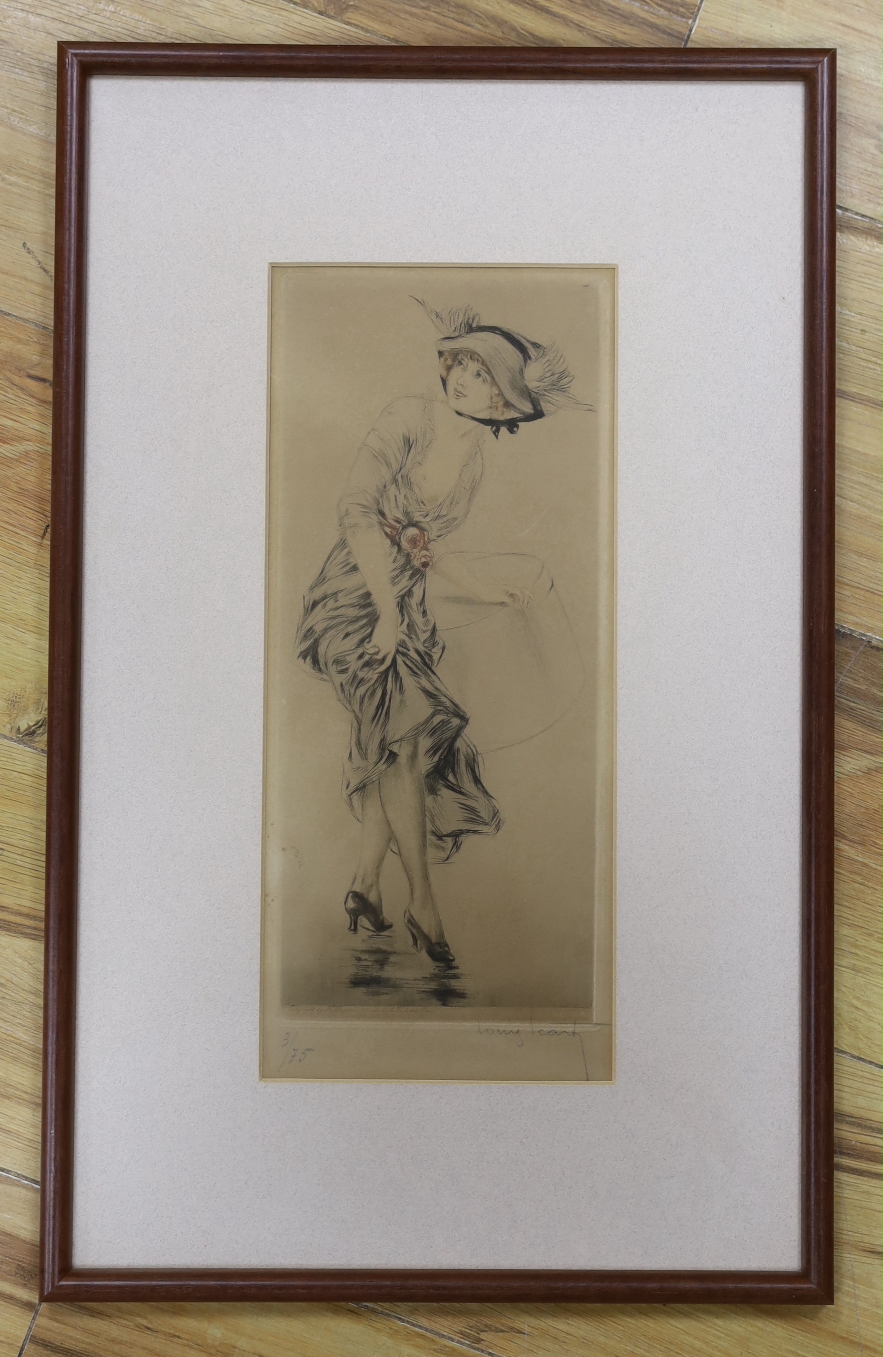 Louis Icart (French, 1888-1950), colour etching, Art Deco Lady, signed in pencil, limited edition, 3/75, 32 x 14cm